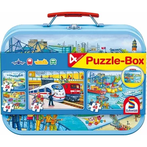 Schmidt 56508 - Verkehrsmittel - 2x26+2x48 db-os puzzle fém bőröndbenSchmidt 56508 - Verkehrsmittel Puzzle-Box - 2x26+2x48 db-os puzzle fém bőröndben