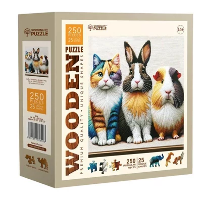 Wooden City HE0311-L - Cica, nyuszi, tengeri malac - 250 db-os fa puzzle