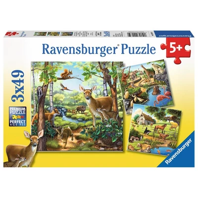 Ravensburger 09265 - Állatok az erdőben, állatkertben és a ház körül - 3 x 49 db-os puzzle