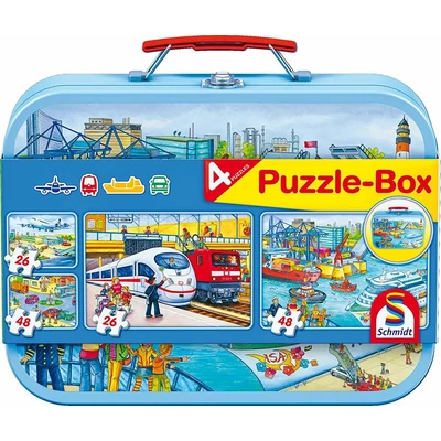 Schmidt 56508 - Verkehrsmittel - 2x26+2x48 db-os puzzle fém bőröndbenSchmidt 56508 - Verkehrsmittel Puzzle-Box - 2x26+2x48 db-os puzzle fém bőröndben