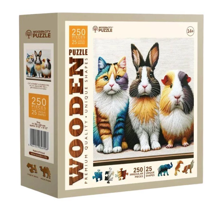Wooden City HE0311-L - Cica, nyuszi, tengeri malac - 250 db-os fa puzzle