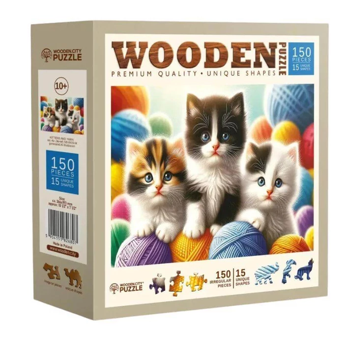 Wooden City NB0603-M - Cicák és gombolyagok - 150 db-os fa puzzle
