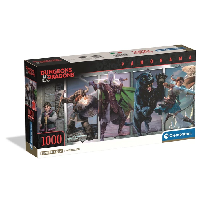 Clementoni Puzzle 1000 Pièces – Panorama Dungeons & Dragons, 98x33 Cm – Fabriqué En Italie, Matériaux Recyclés – Service Pièces Manquantes