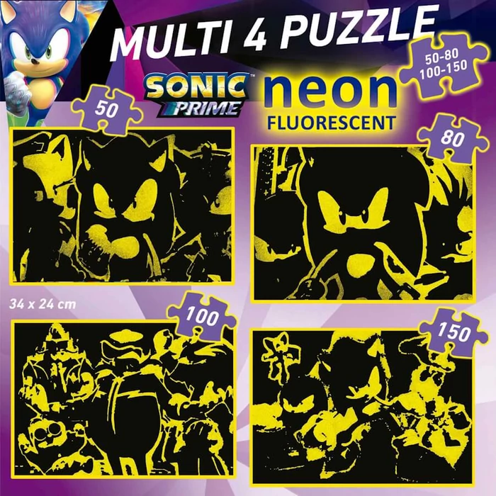Educa 19631 - Fluoreszkáló - Sonic Prime - 4 az 1-ben puzzle (50,80,100,150)