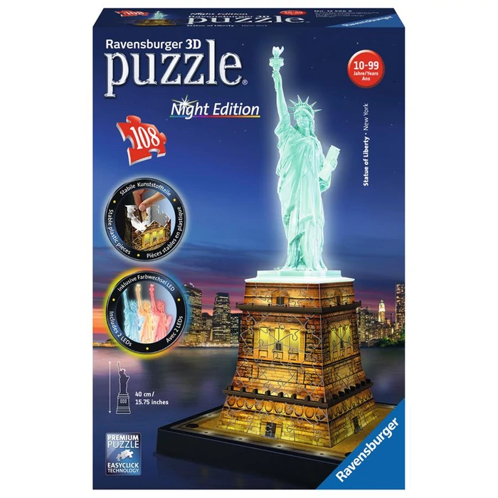 Ravensburger 12596- Night Edition - Szabadság szobor - 108 db-os 3D puzzle