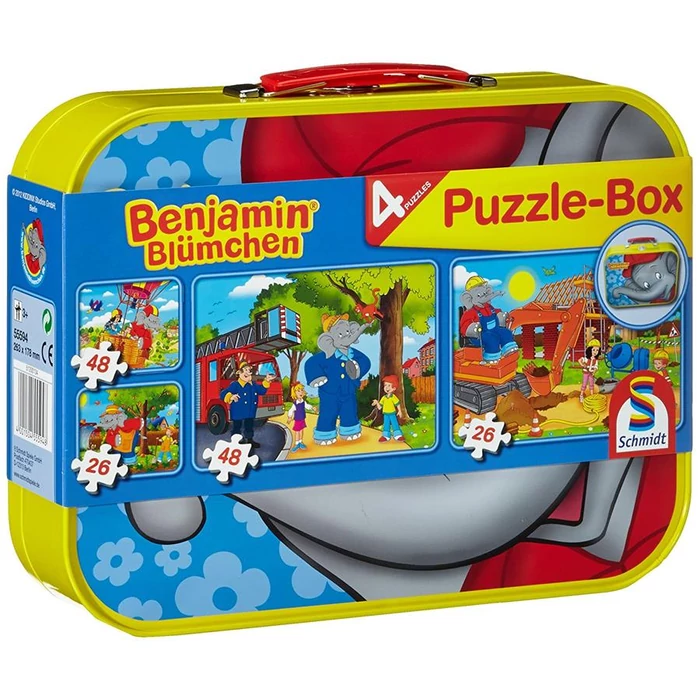 Schmidt 55594 - Benjamin the Elephant Puzzle-Box - 2x26+2x48 db-os puzzle fém bőröndben