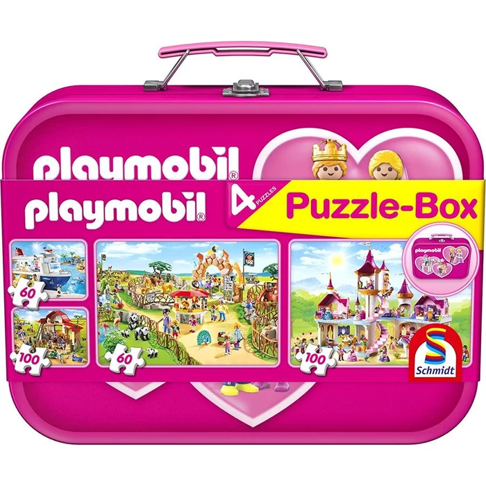 Schmidt 56498 - Pink  Playmobil Puzzle-Box - 2x60+2x100 db-os puzzle fém bőröndben