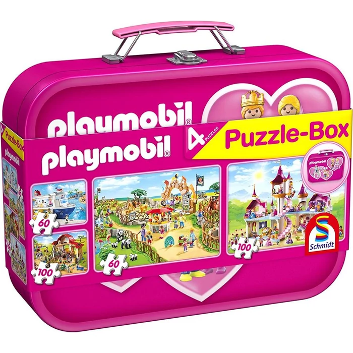 Schmidt 56498 - Pink  Playmobil Puzzle-Box - 2x60+2x100 db-os puzzle fém bőröndben