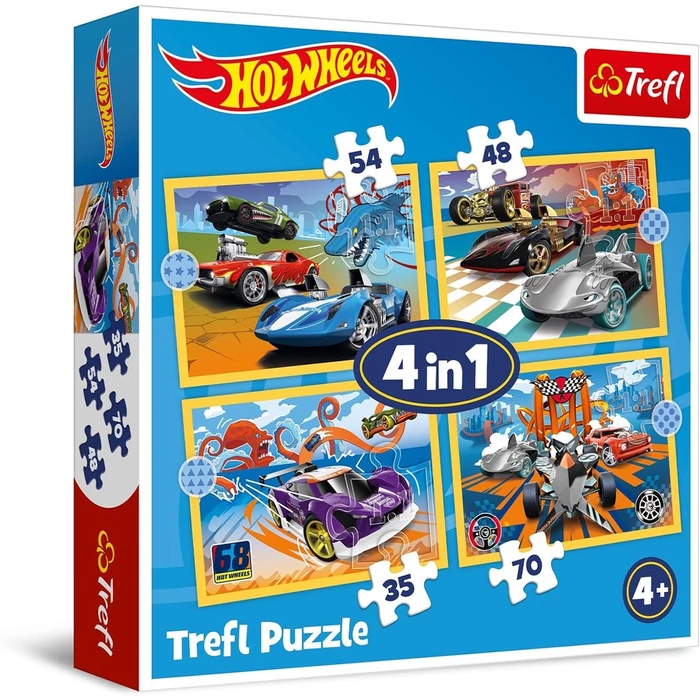 Trefl 34627 - Hot Wheels - 4 az 1-ben puzzle (35,48,54,70 db-os)