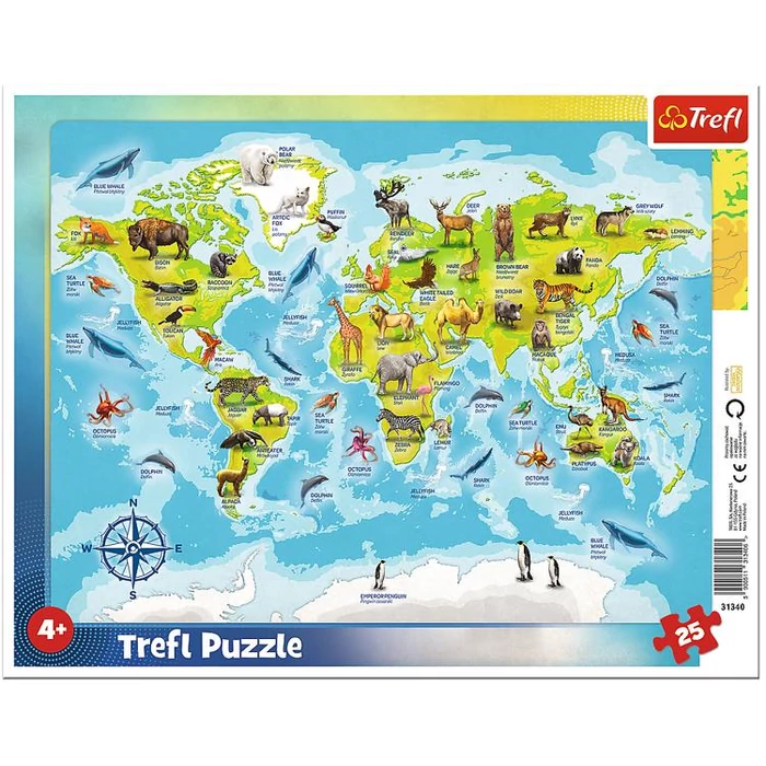 Trefl 31340- Világtérkép állatokkal - 25db-os keretes puzzle