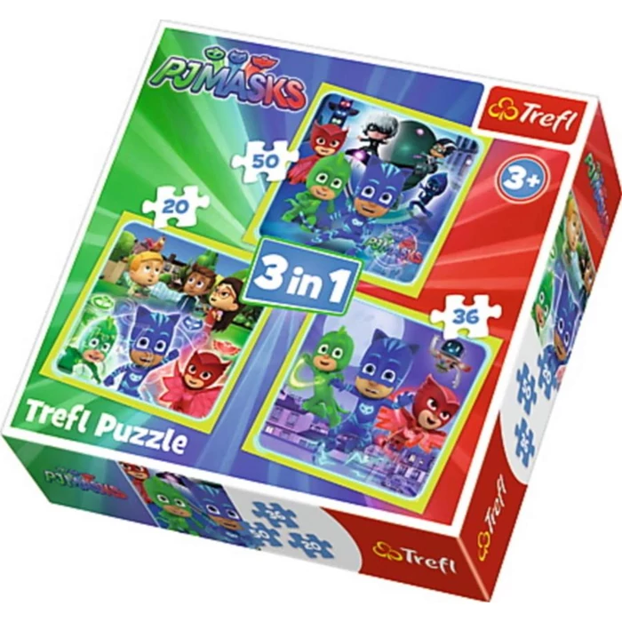 Trefl 34840- PJ Masks - Pizsihősök - 3 az 1-ben (20, 36, 50 db-os) puzzle